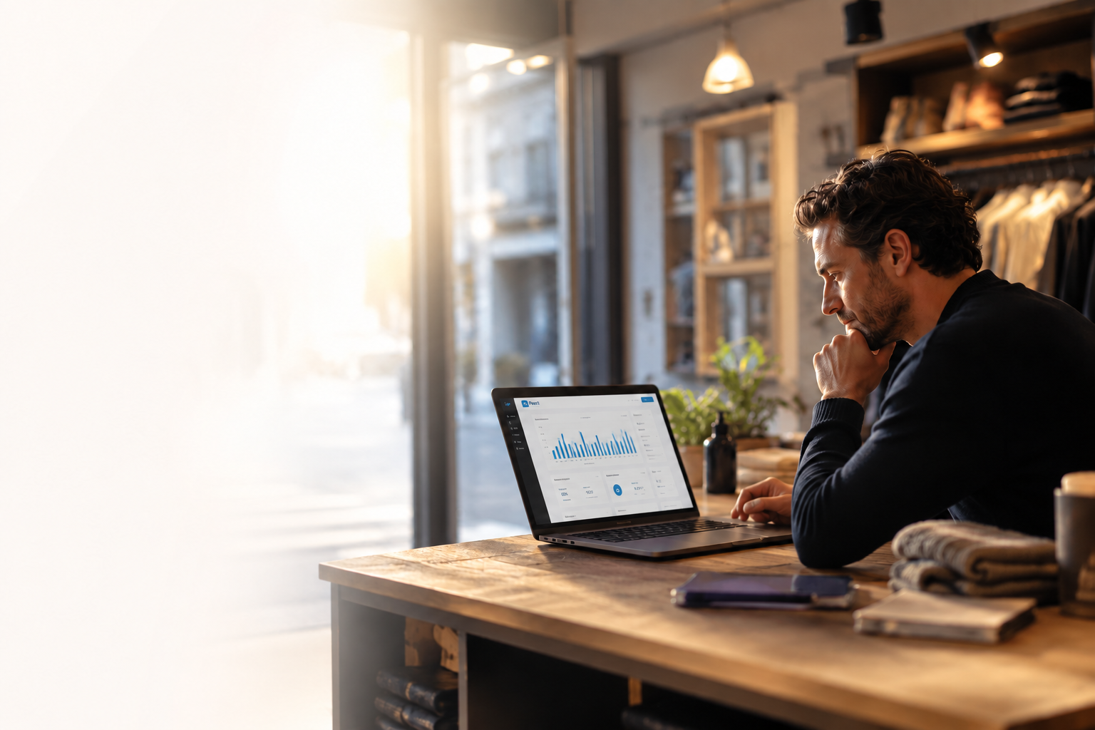 Ondernemer bekijkt zijn dashboard op een laptop in zijn winkel
